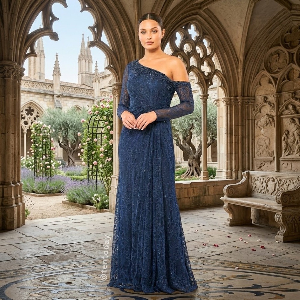 Mac Duggal Size 4 Navy Blue Jeweled Lace Drop Shoulder Long Maxi Gown Dress‎